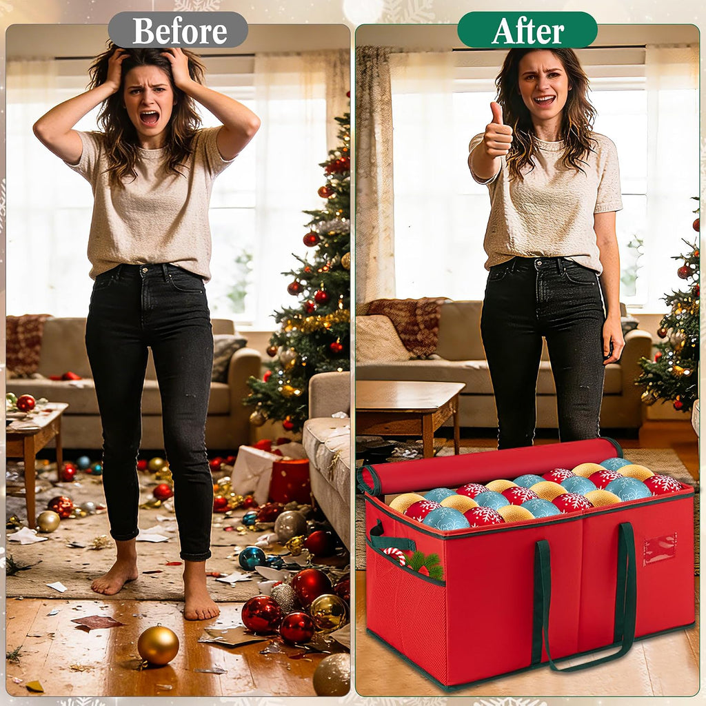 Christmas Ornament Storage Box, Xmas Decoration Organizer with 8 Tray, Christmas Storage Container with Dividers, Ornament organizer with Strong Handles for Holiday Decorations (Red)