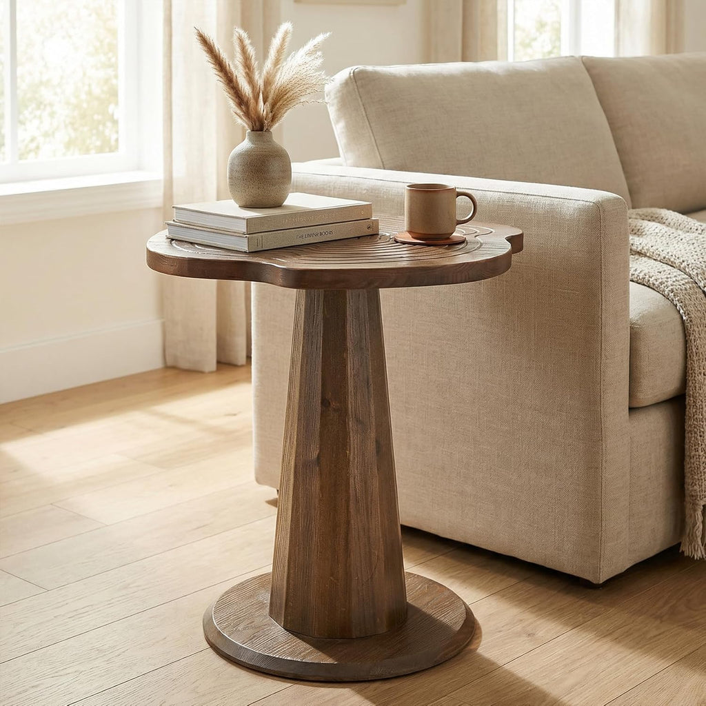 Solid Wood End Table, 20.87" Small Round Pedestal Side Table with Tree-Ring Patterns, Conical Base with Line Design for Living Room, Bedroom and Small Spaces