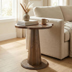 Solid Wood End Table, 20.87" Small Round Pedestal Side Table with Tree-Ring Patterns, Conical Base with Line Design for Living Room, Bedroom and Small Spaces