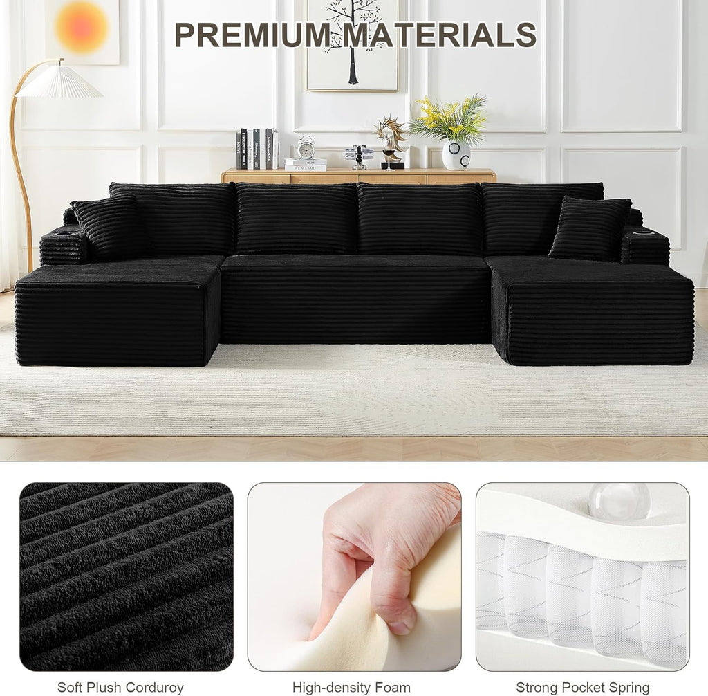 Tmsan 133.5" Black Boneless Sectional Sofa Couches for Living Room, Oversized U Shaped Cloud Modular Set with Cup Holders & Side Pockets & Deep Seat, Comfy Corduroy Foam Compressed No Assembly