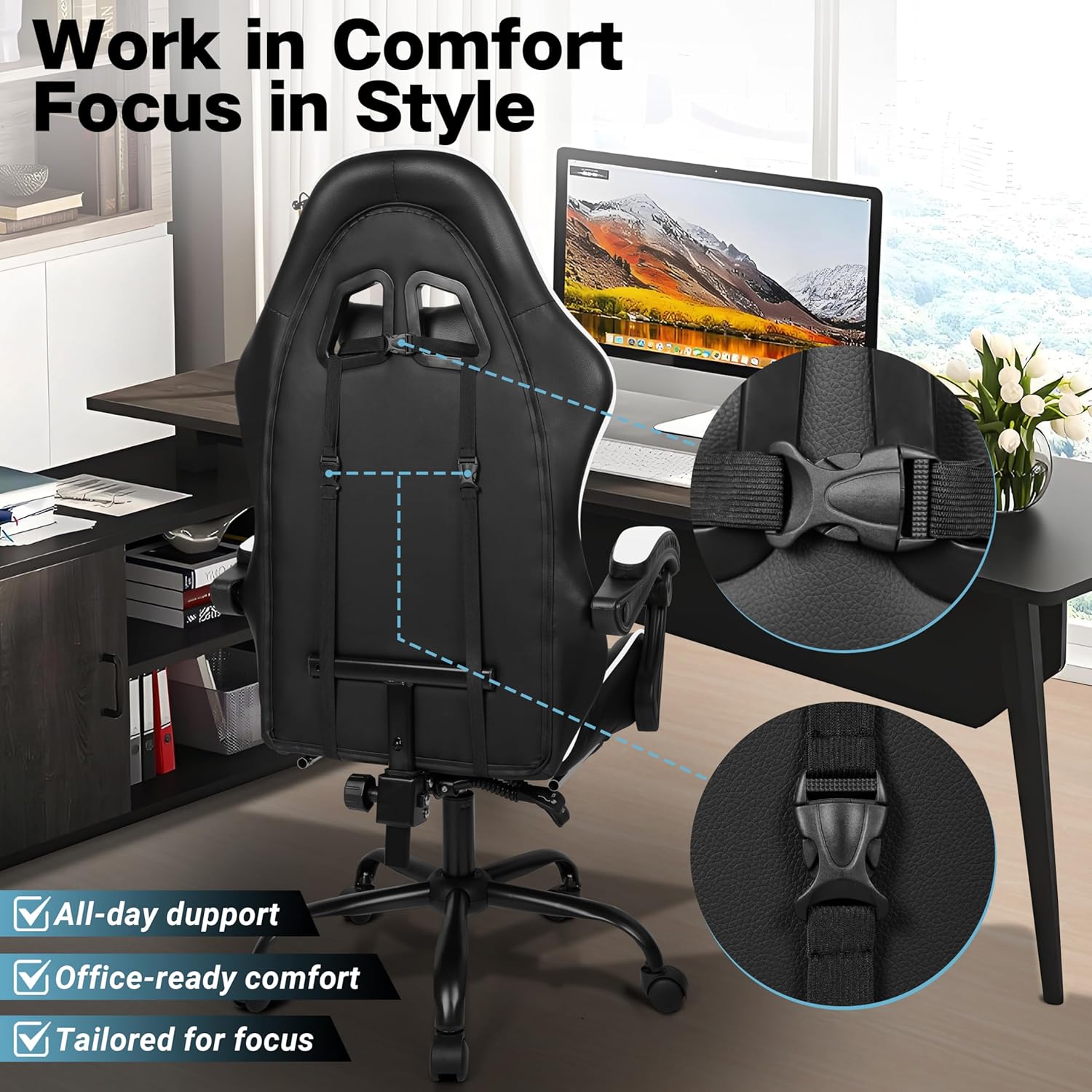 Xcity Gaming Chair, Height Adjustable Desk Chair with 90°-155° Reclining Backrest & Footrest,Ergonomic Computer Chair Supports Up to 330 lbs for Gamer, Office and Home (Black & White)