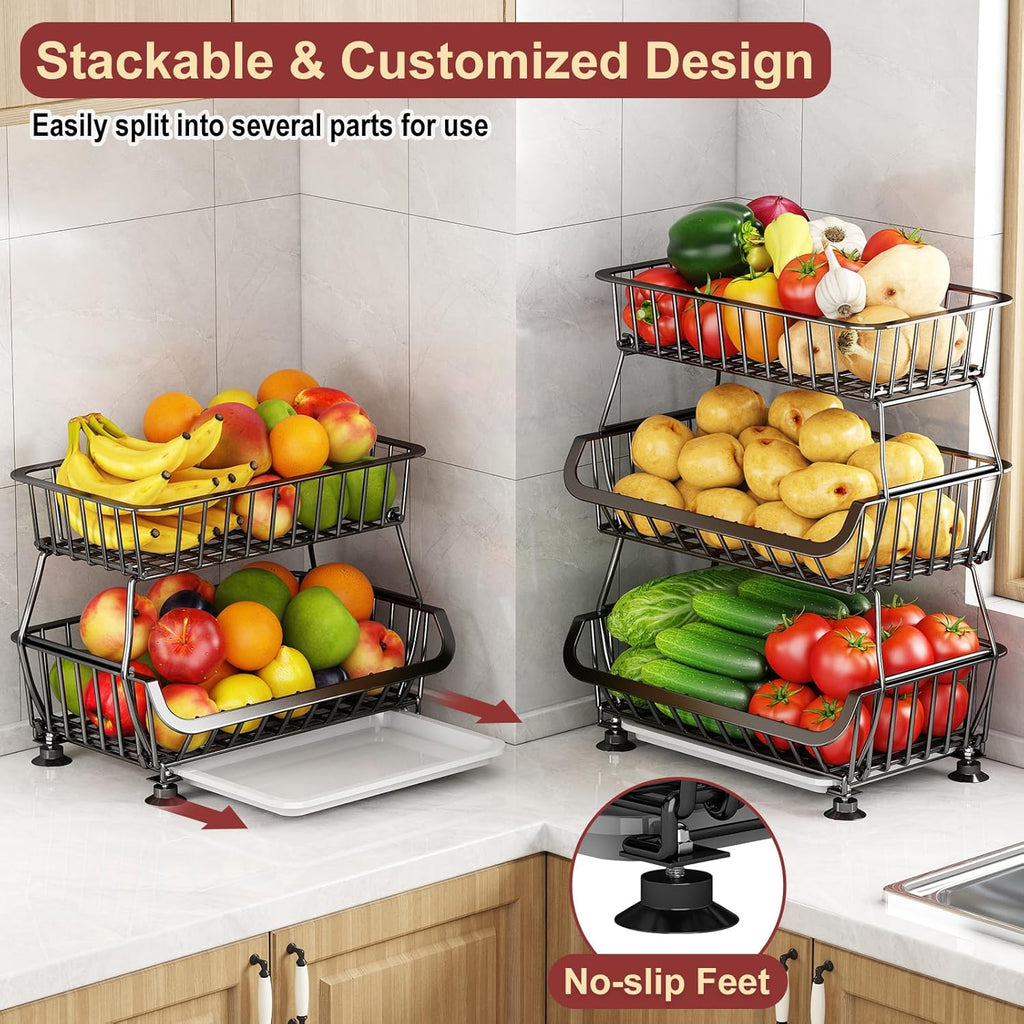 3-Tier Rolling Pantry Cart with Wheels, Stackable Wire Storage Floor Organizer for Kitchen Pantry Snack Shelves, Fruit Basket Stand, Vegetable Storage Rack for Food Snacks Onion Potato
