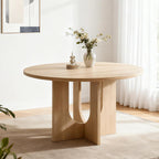 5-Piece Scandinavian Minimalist Round Dining Table Set, 47" Solid Wood Table with Sculpted Open Base + Beige Chenille Chairs for Kitchens & Dining Areas