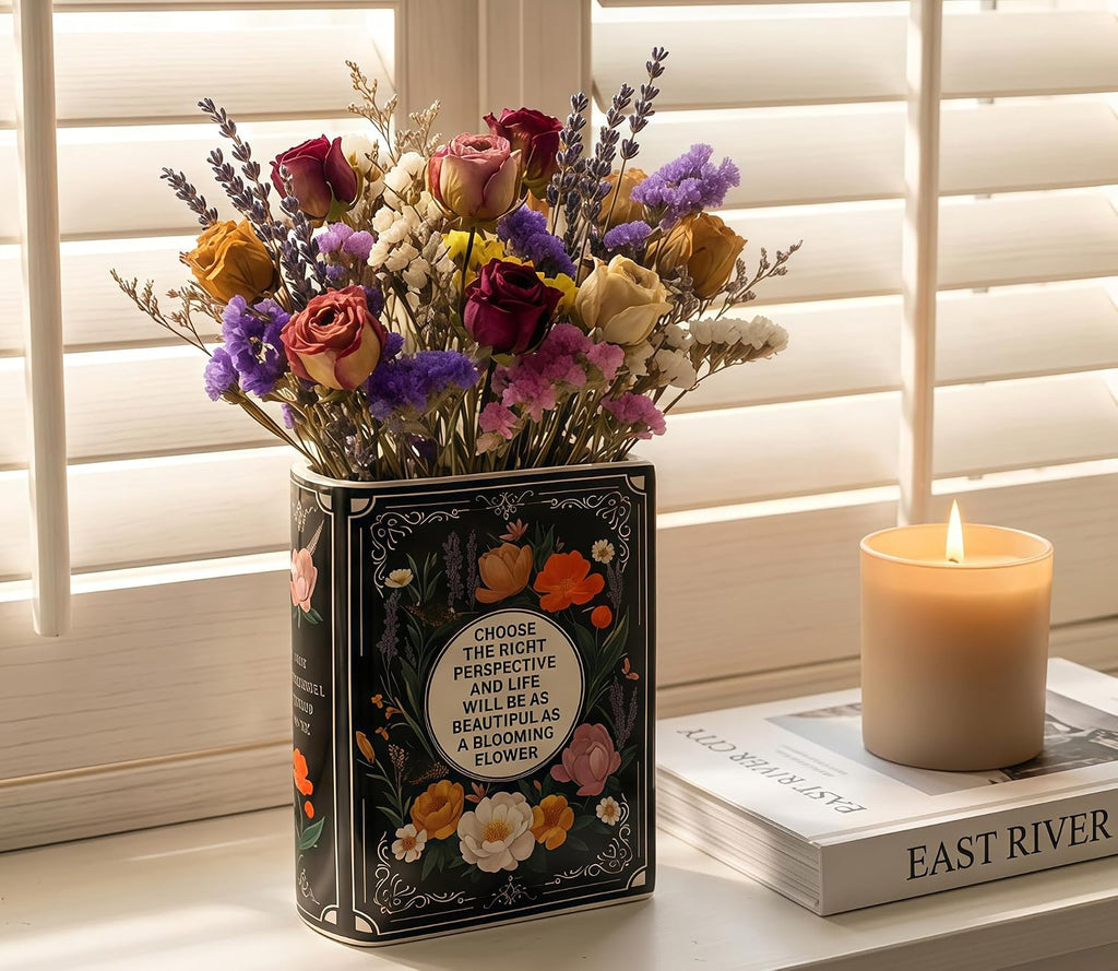 LIFFY Book Vase for Flower Decorative Ceramic Vases Cute Home Decor for Bookshelf Dining Table Desk Office Home Decor Unique Vase for Book Lovers (6.5")
