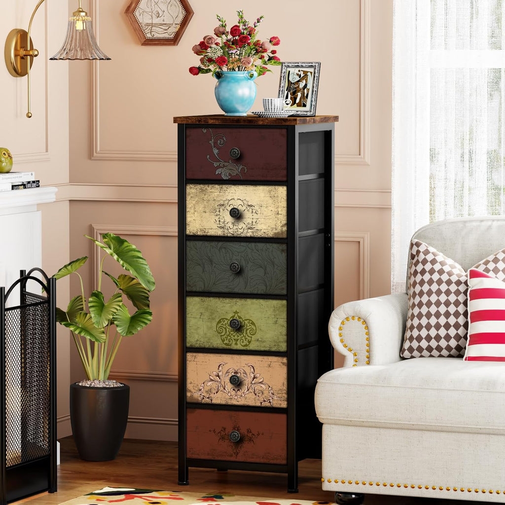 VASICAR Tall Dresser with 6 Drawers, Pattern Storage Drawer Units, Storage Tower Units, Fabric Dresser Nightstand for Bedroom, Hallway, Entryway, Closets, Dorm