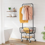 Tajsoon Laundry Cart with Hanging Rack, Metal Laundry Basket with Wheels, Laundry Hamper with Storage Basket and Shelf, Rolling Laundry Cart with Wheels, Black