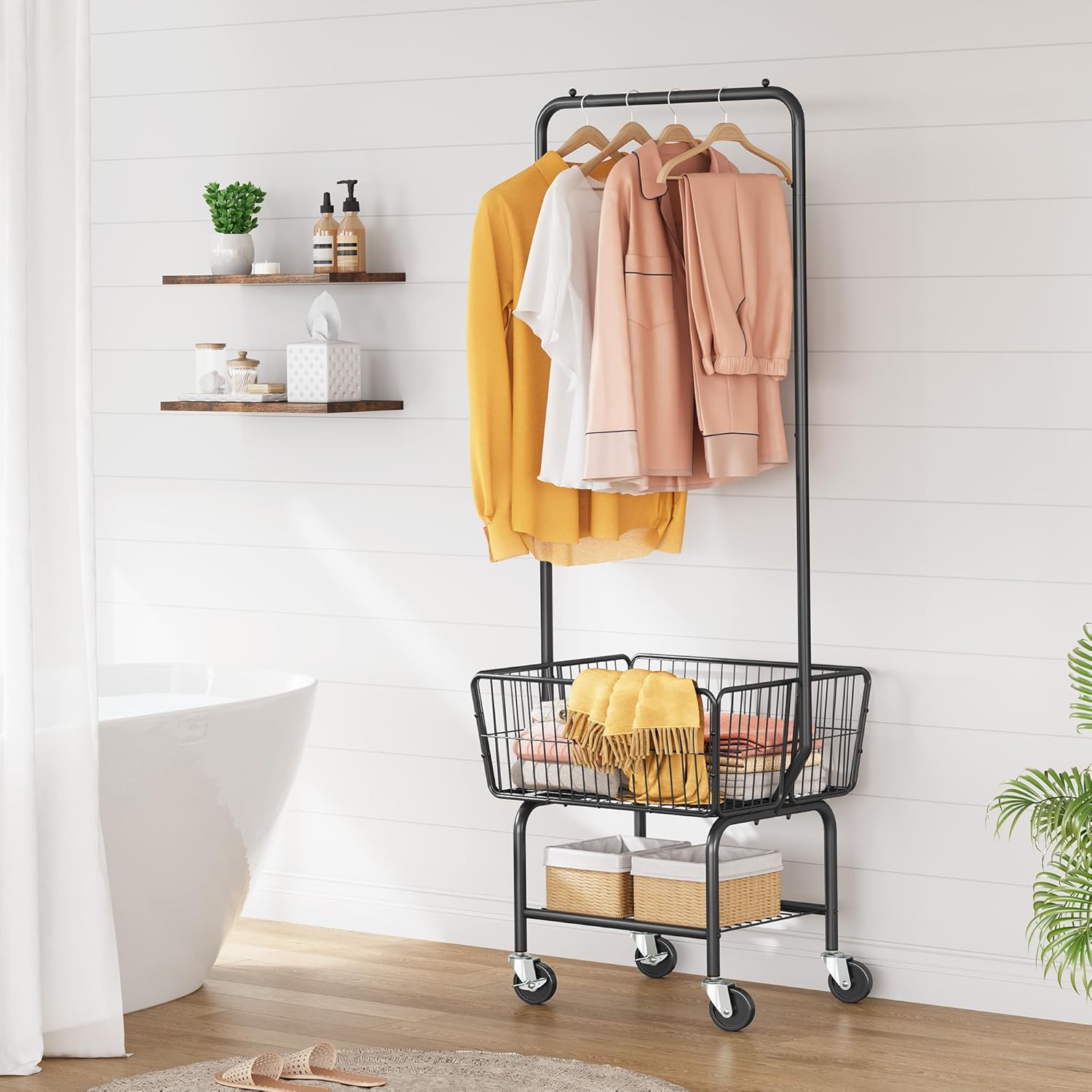 Tajsoon Laundry Cart with Hanging Rack, Metal Laundry Basket with Wheels, Laundry Hamper with Storage Basket and Shelf, Rolling Laundry Cart with Wheels, Black