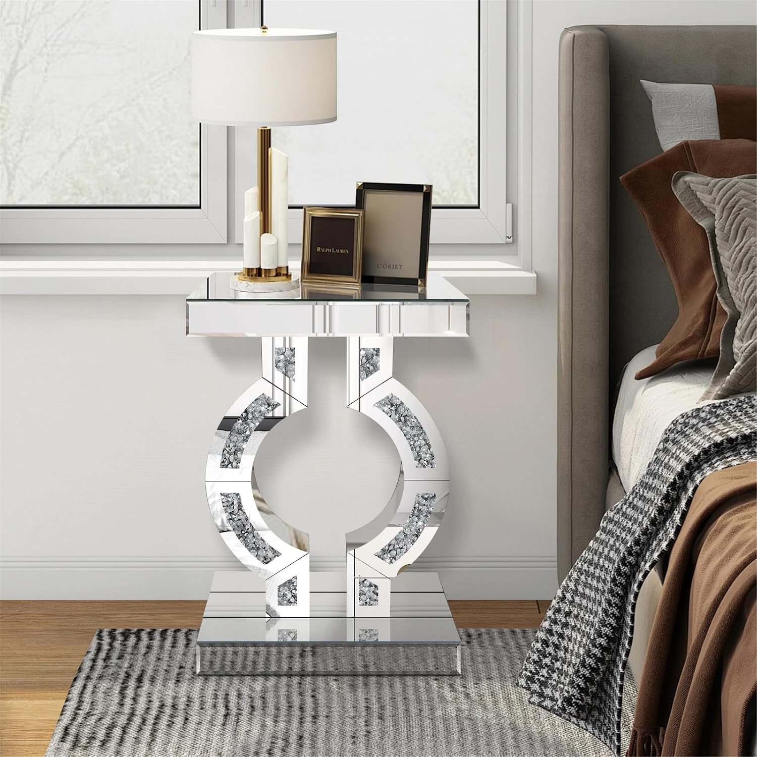 Crushed Diamond Mirrored End Table, Silver Side Accent Table, Small Mirrored Coffee Table for Living Room, Bedroom, 16"x12"x23"