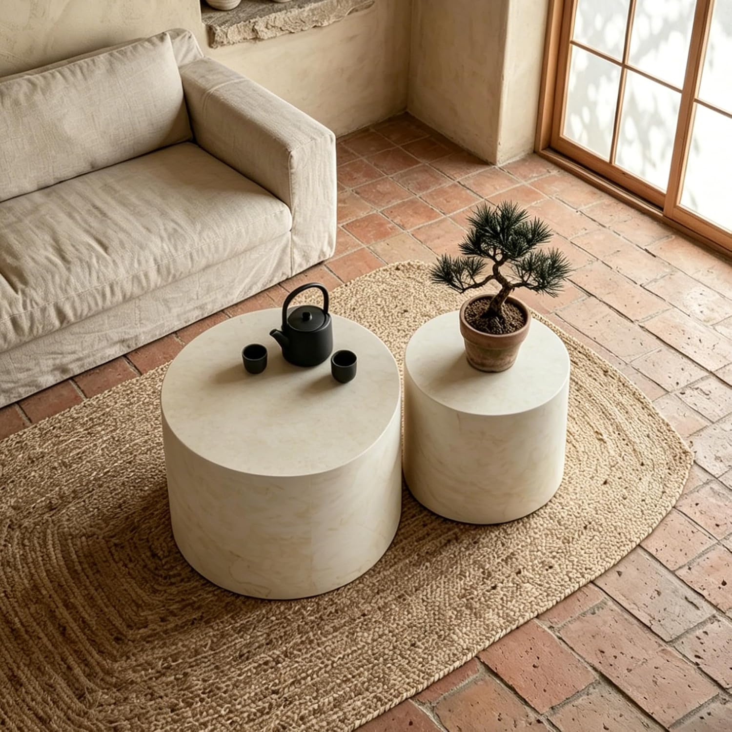Nesting Round Coffee Table Set of 2, Accent End Table for Small Spaces, Morden Drum Side Table, Wooden Circle Center Table for Living Room, Fully Assembled - Faux Marble