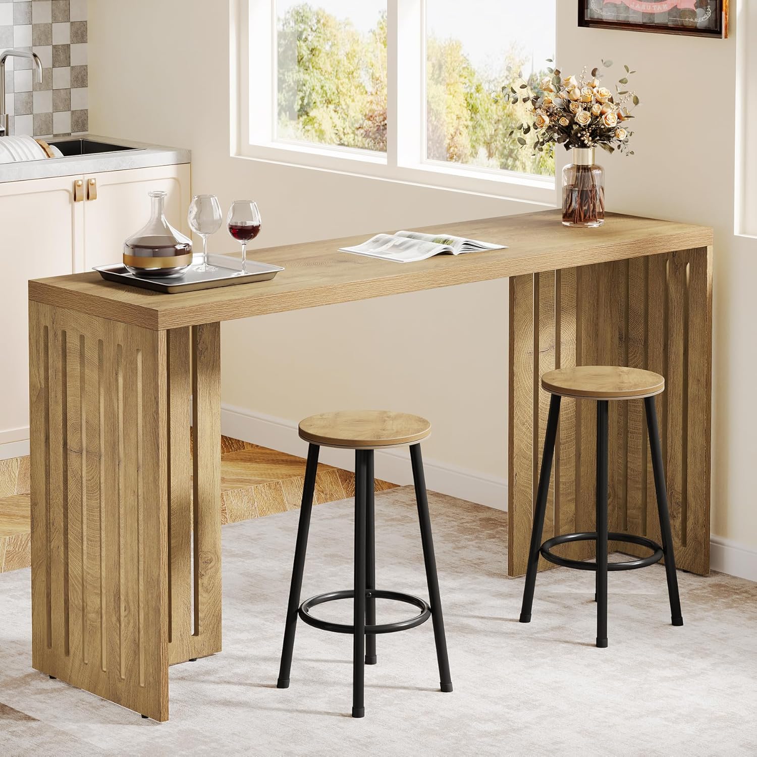 Tribesigns Bar Table, 63-Inch Counter Height Pub Table, Industrial Bar Height Table, Rectangular High Top Kitchen & Dining Counter Tables with Louvered Base for Narrow Space, Natural