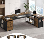 78" Executive Desk with Lockable File Cabinet, L Shaped Office Desk with Power Outlets, Large Executive Desk with Drawers and Storage Shelves, Reversible Computer Desk, Rustic Brown