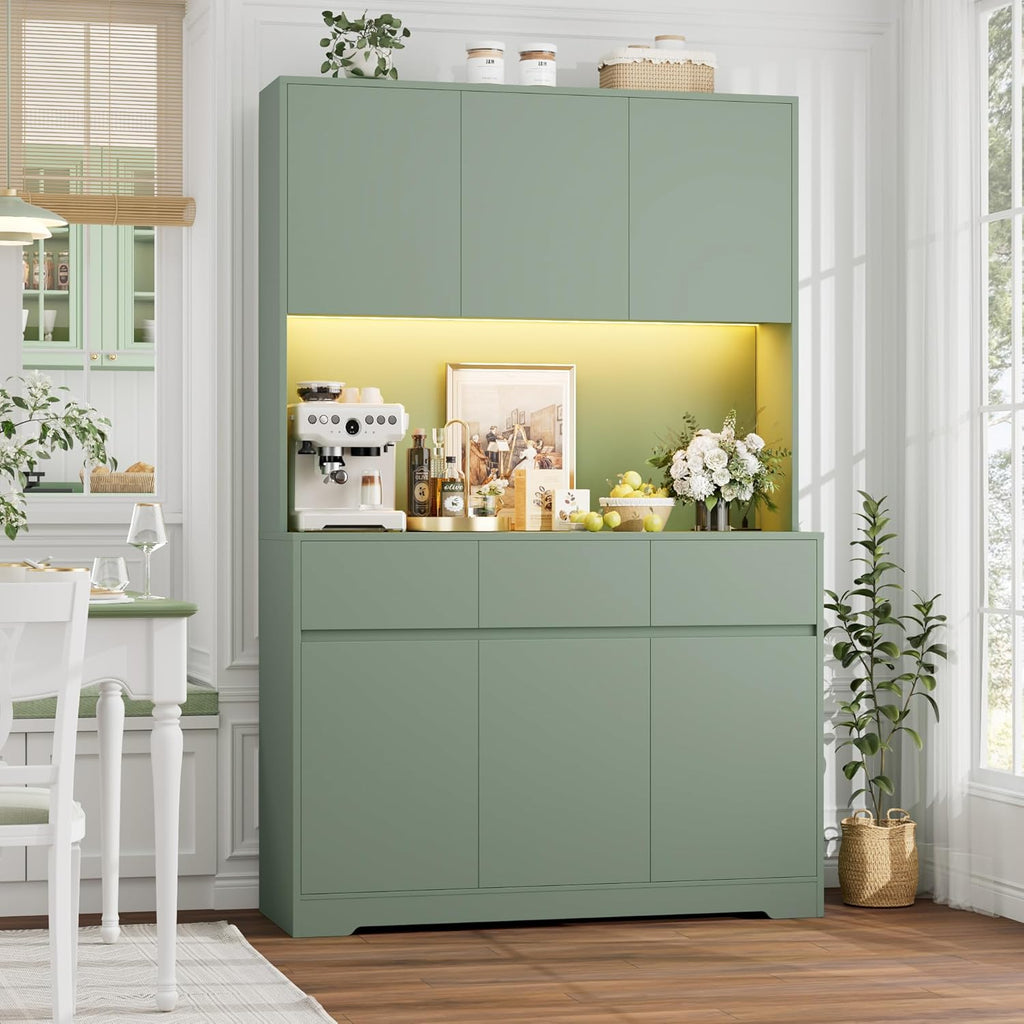 FINETONES 71" Pantry Cabinet with Power Outlets and Led Lights, Large Kitchen Hutch Storage with Microwave Stand, Tall Pantry Kitchen Cabinet with Cupboard, Green
