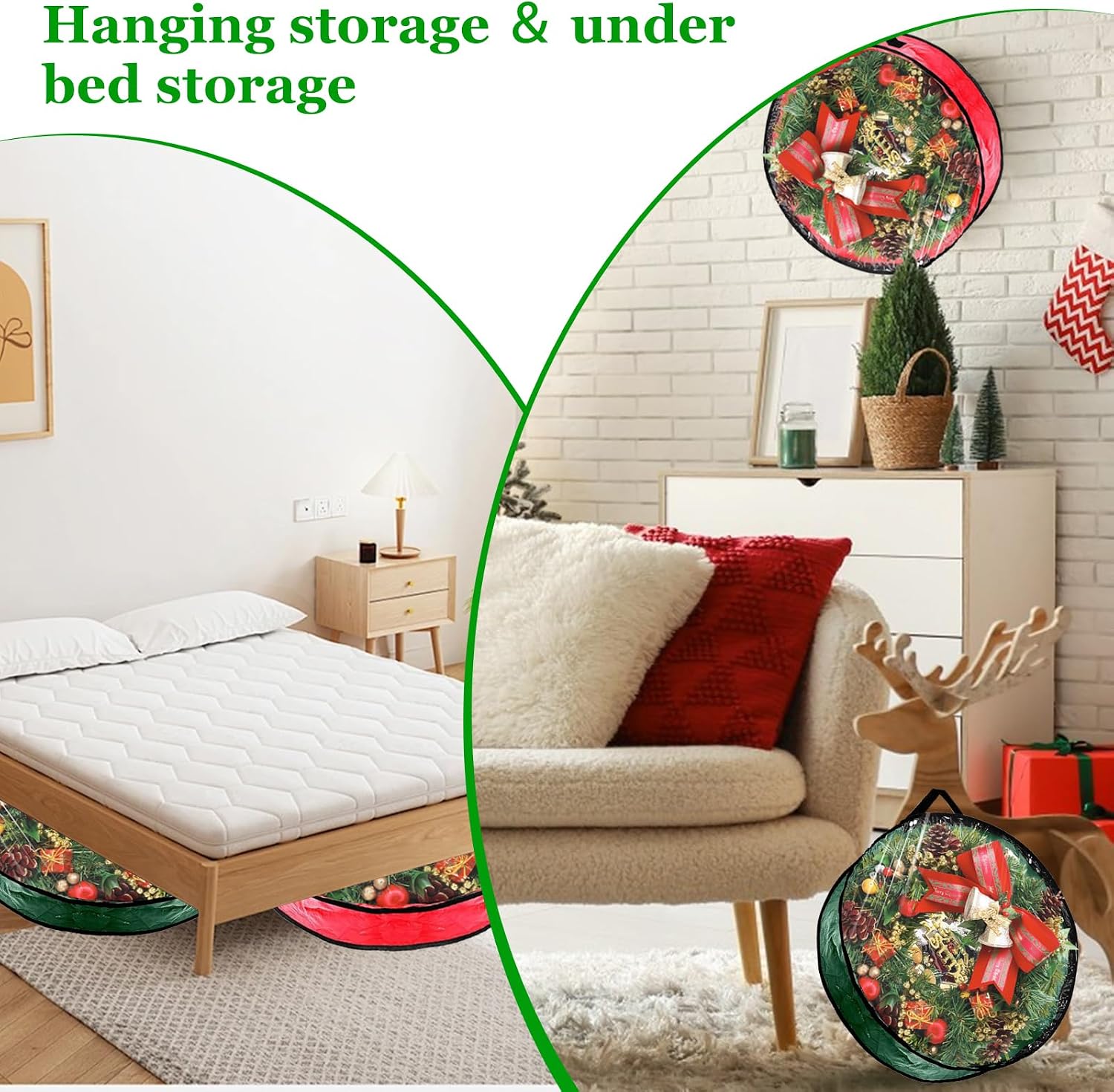6 Pcs Christmas Wreath Storage Bag, 24" Dia Round Wreath Storage Container with Clear Window, Tear Resistant Wreath Boxes for Christmas Holiday Seasonal Storage (Red×3 ＆ Green×3)