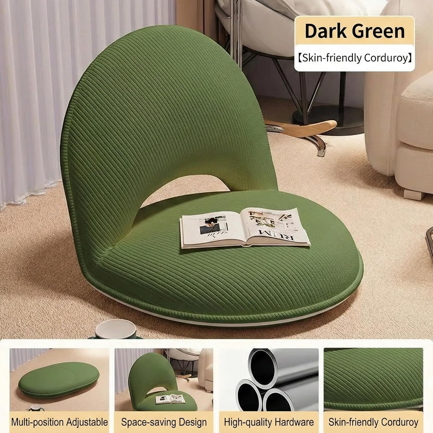 Foldable Floor Chair with Back Support, Tatami Style Floor Lounger for Bedroom, Bay Window, Balcony, Living Room, or Bedside – Single Seat with Backrest Cushion