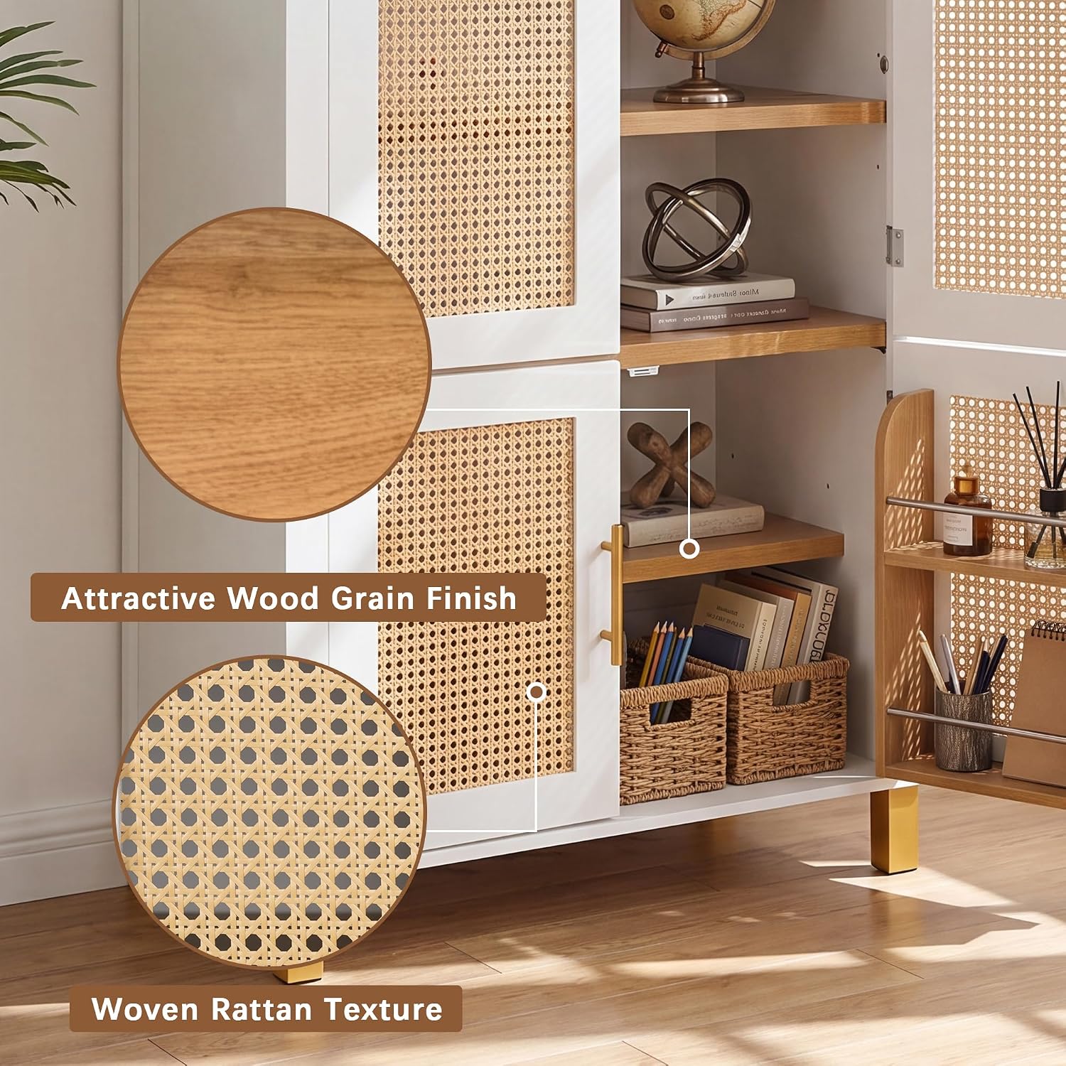 Polibi 71" Tall 4-Door Arched Cabinet, MDF Rattan Door Storage with Adjustable Shelves, Built-in Racks & 4 Support Legs, Farmhouse Pantry Cabinet for Kitchen & Dining Room, White