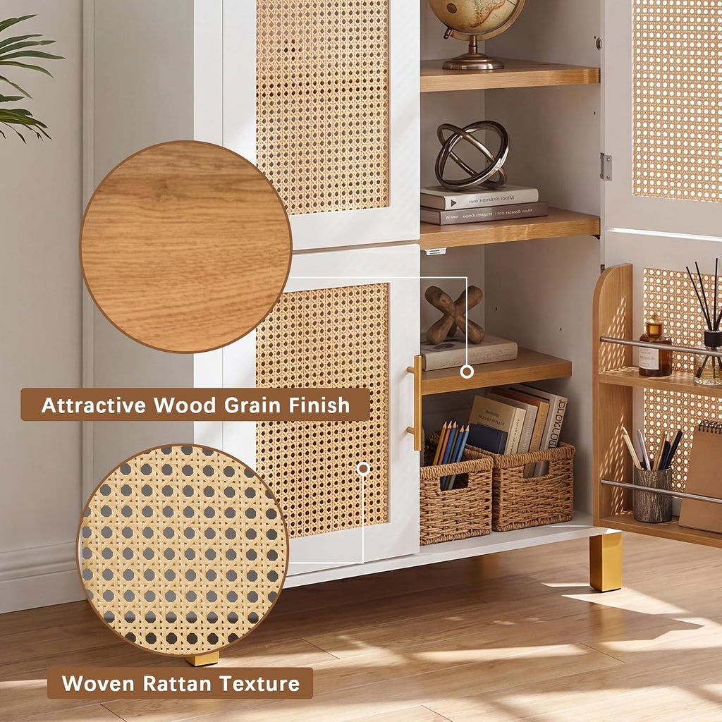 KEIKI 71" Tall Storage Cabinet with Arched Rattan Doors, Freestanding Floor Cabinet with Adjustable Shelves and Built-in Racks, Modern Farmhouse Organizer for Living Room, Kitchen, Study, White