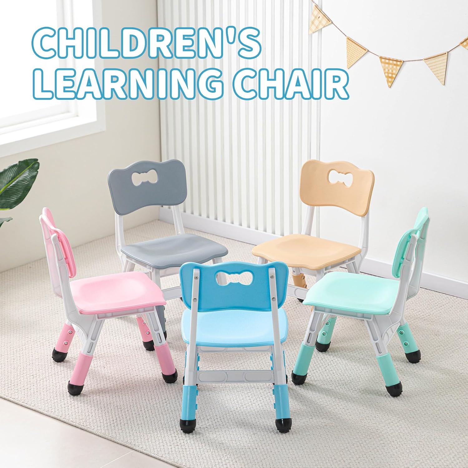 UNICOO Kids Chair, Height Adjustable Toddler Chair, Stackable Children Classroom Chair for Preschool, Daycare, Playroom and Home, Non-Slip Learning Chair (Gray, Set of 4)