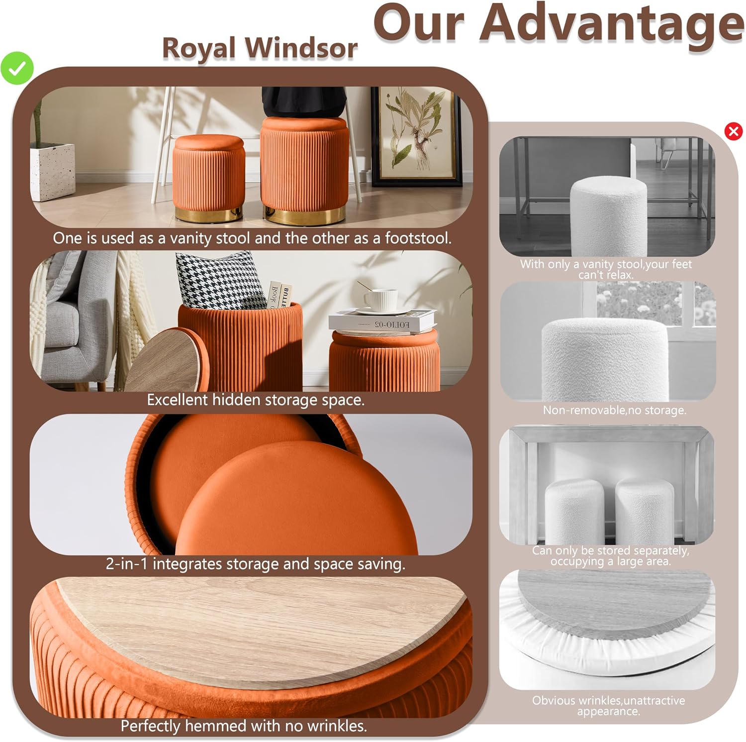 Royal Windsor Round Ottoman with Storage Set of 2, Vanity Stool with Storage for Bedroom, Ottoman Coffee Table Gold-Tone Ring Around the Base, Small Velvet Foot Stool for Living Room, Orange