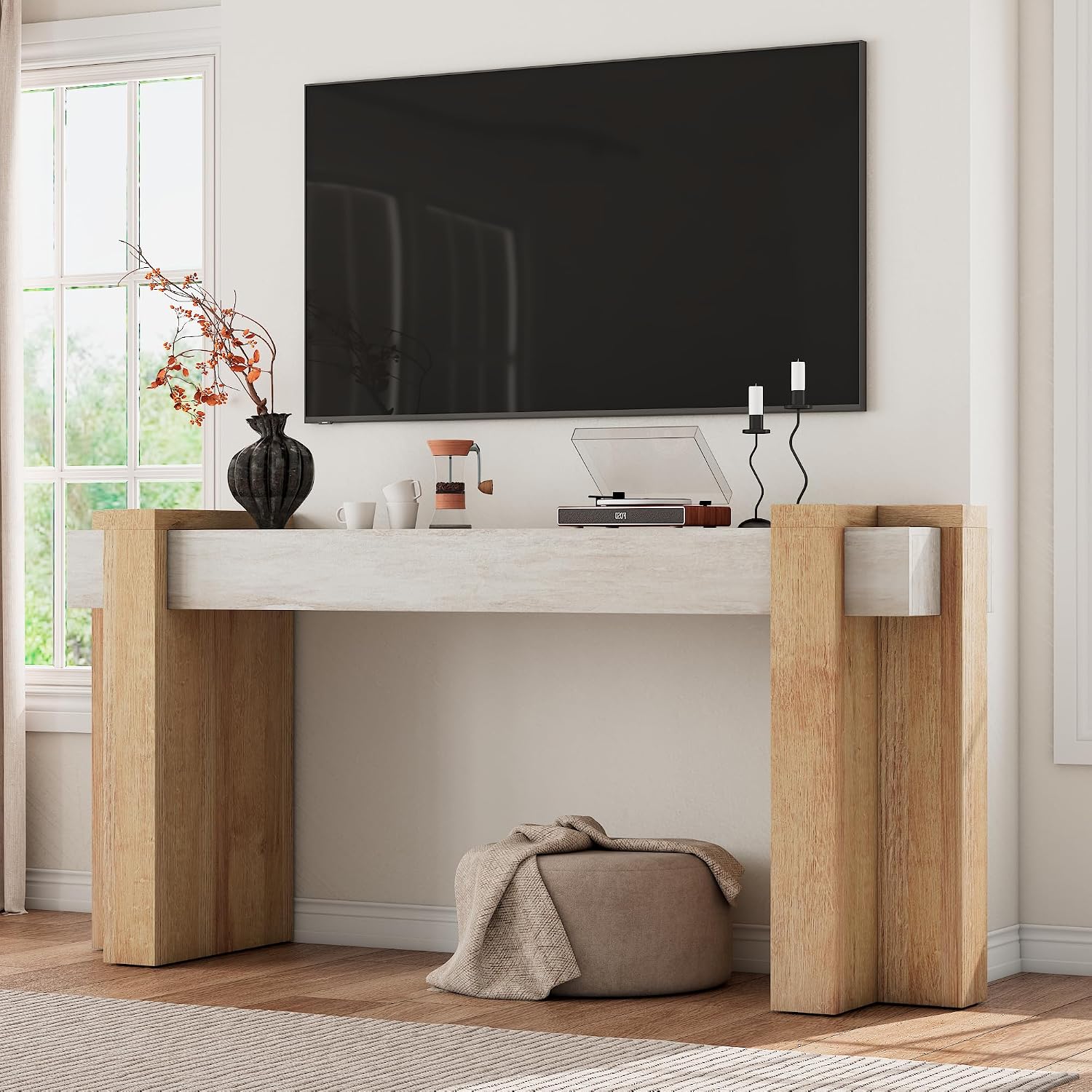 S.E.C.D 70.9-Inch Modern Console Table, Geometric Minimalism Entryway Sofa Table, Long Wood Foyer Tables for Entryway, Hallway, Living Room, Limestone and Natural Oak