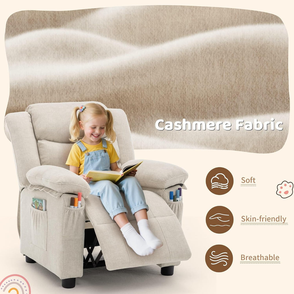 Korser Kids Recliner Chair, Push Back Toddler Recliners with Side Pockets, Child Recliner with Footrest, Cashmere Fabric Kid Chair for Girls Boys Kids Room, Children's Rooms (Beige)