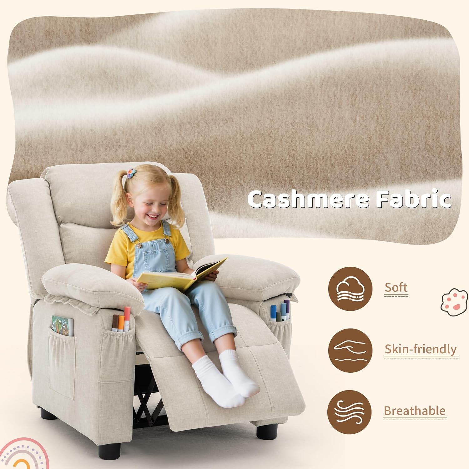 Korser Kids Recliner Chair, Push Back Toddler Recliners with Side Pockets, Child Recliner with Footrest, Cashmere Fabric Kid Chair for Girls Boys Kids Room, Children's Rooms (Beige)