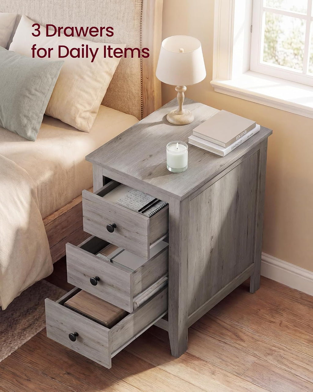 VASAGLE Liry Collection-Farmhouse Side End Table with 3 Drawers, Slim Nightstand with Storage, Narrow Bedside Table for Living Room, Bedroom, Office, Washed Gray, ULET132G101S