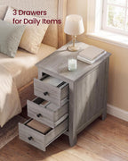 VASAGLE Liry Collection-Farmhouse Side End Table with 3 Drawers, Slim Nightstand with Storage, Narrow Bedside Table for Living Room, Bedroom, Office, Washed Gray, ULET132G101S