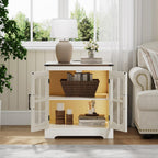 ChooChoo Farmhouse End Table with Charging Station, 24" Large Sofa Side Table with LED, Square Nightstand with Glass Barn Door, Bedside Table with Storage for Living Room, Beige（Cream and Brown