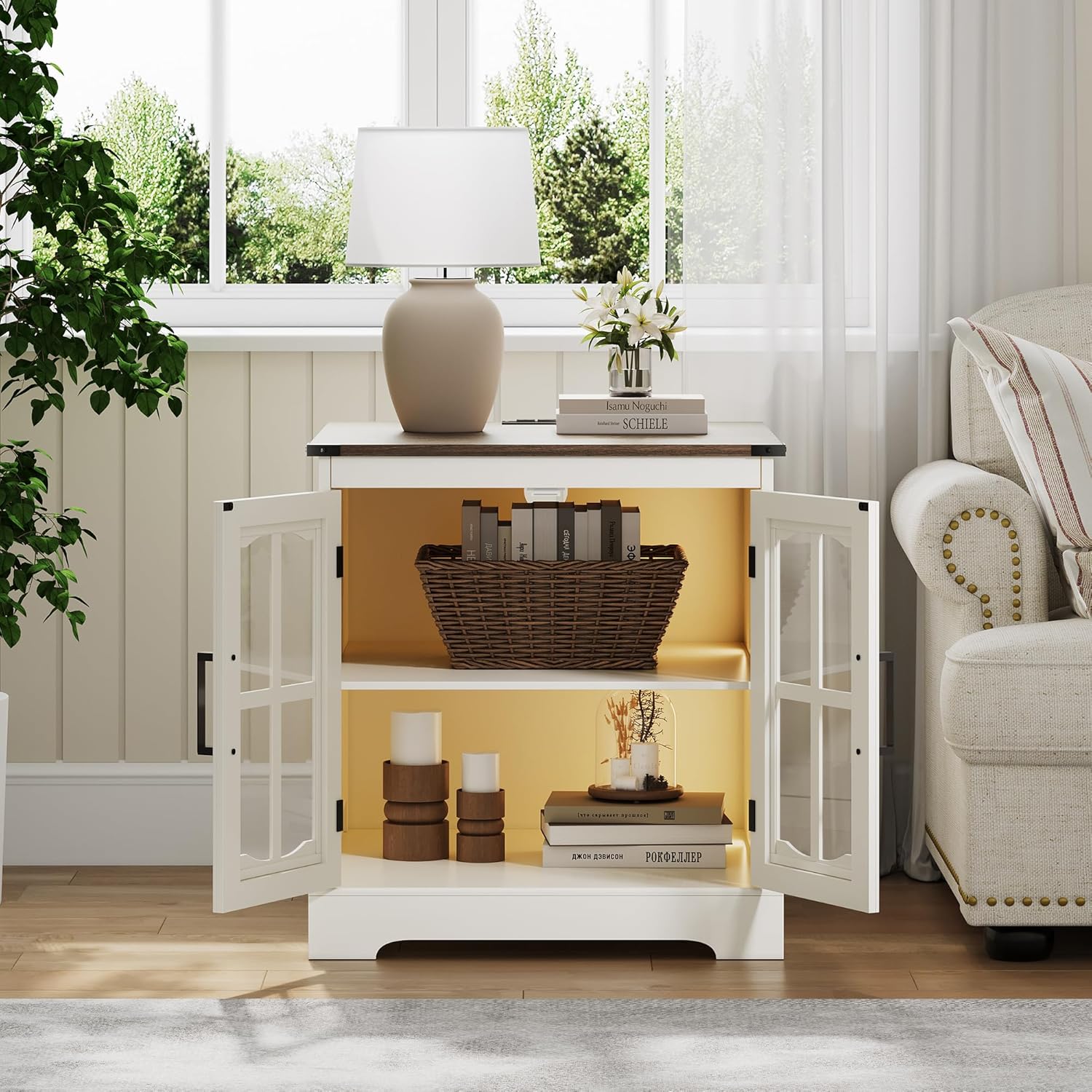 ChooChoo Farmhouse End Table with Charging Station, 24" Large Sofa Side Table with LED, Square Nightstand with Glass Barn Door, Bedside Table with Storage for Living Room, Beige（Cream and Brown