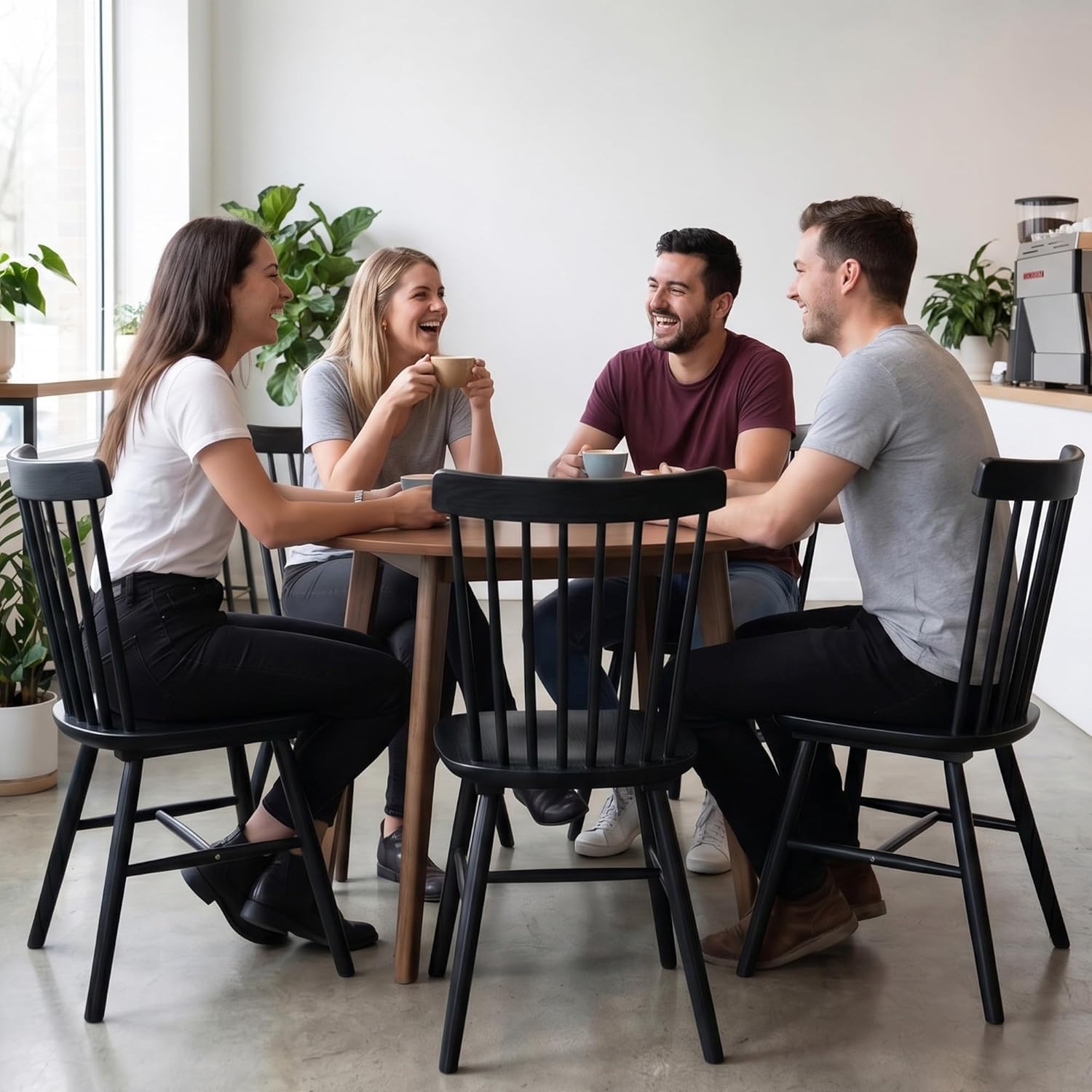 AreShark Windsor Dining Chairs Set of 4, Farmhouse Wooden Dining Room Chairs, Solid Wood Kitchen Chairs with Spindle Back, Black