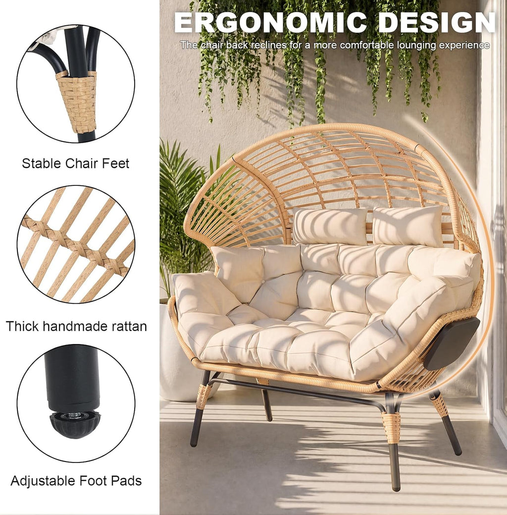 Double Egg Chair with Cup Holder Outdoor Indoor,2 Person Oversized Wicker Lounge Chair with 8” Thicken Cushions & Rain Cover 700lbs for Patio Balcony Porch Living Room