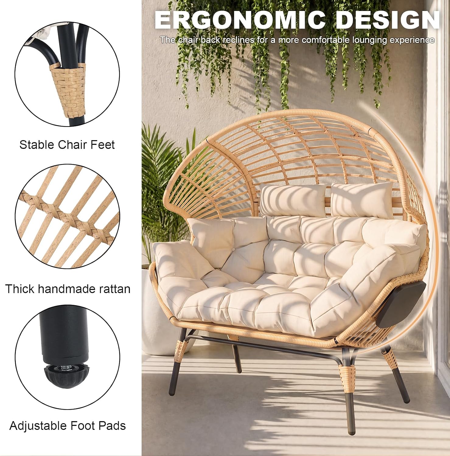 Double Egg Chair with Cup Holder Outdoor Indoor,2 Person Oversized Wicker Lounge Chair with 8” Thicken Cushions & Rain Cover 700lbs for Patio Balcony Porch Living Room