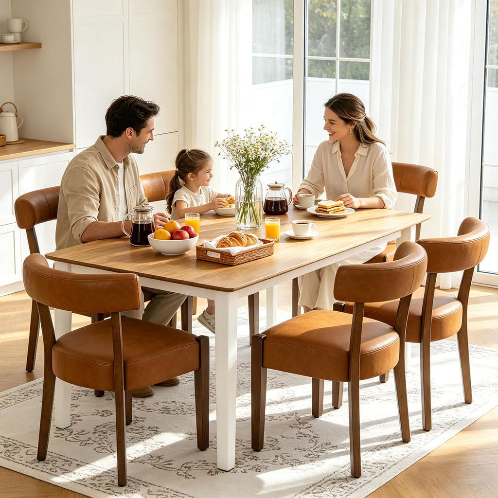 RNKSFX Modern Dining Chairs Set of 4, Faux Leather Upholstered Kitchen & Dining Room Chairs, Mid Century Modern Wooden Dining Chairs Oversized Sturdy Rounded Chairs Curved Back, Brown