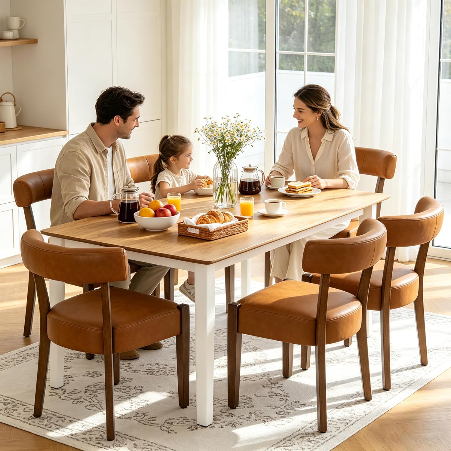 RNKSFX Modern Dining Chairs Set of 4, Faux Leather Upholstered Kitchen & Dining Room Chairs, Mid Century Modern Wooden Dining Chairs Oversized Sturdy Rounded Chairs Curved Back, Brown