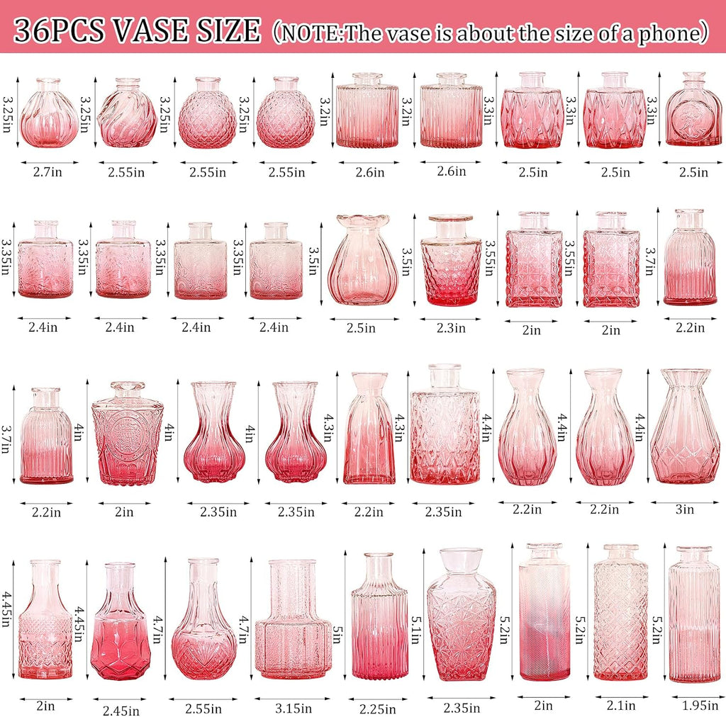 36Pcs Valentine's Day Bud Vases Set Small Vintage Glass Bottles Pink Bud Vases in Bulk Multiple Shape Cute Glass Vases for Rustic Wedding Centerpieces Table Decorations and Home Decor(Pink)