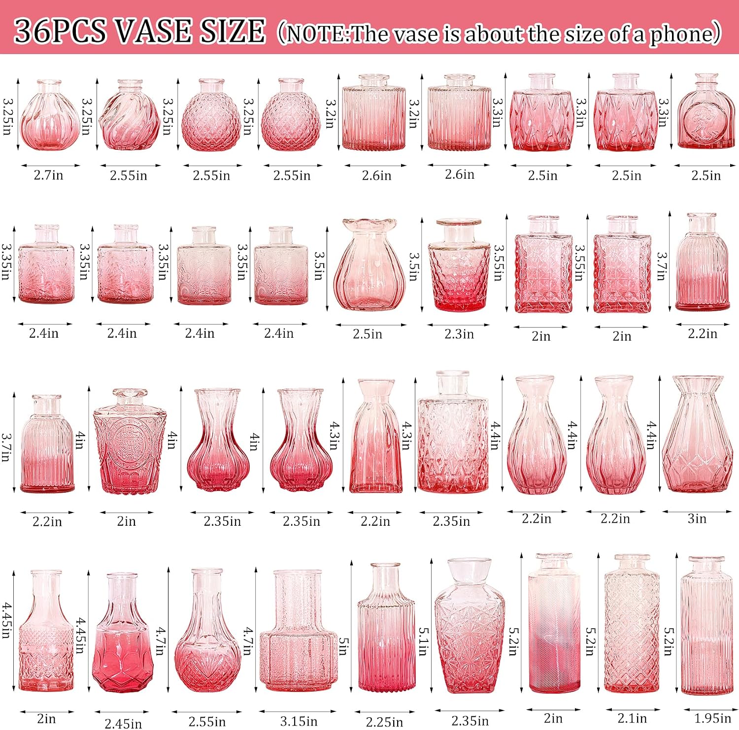 36Pcs Valentine's Day Bud Vases Set Small Vintage Glass Bottles Pink Bud Vases in Bulk Multiple Shape Cute Glass Vases for Rustic Wedding Centerpieces Table Decorations and Home Decor(Pink)