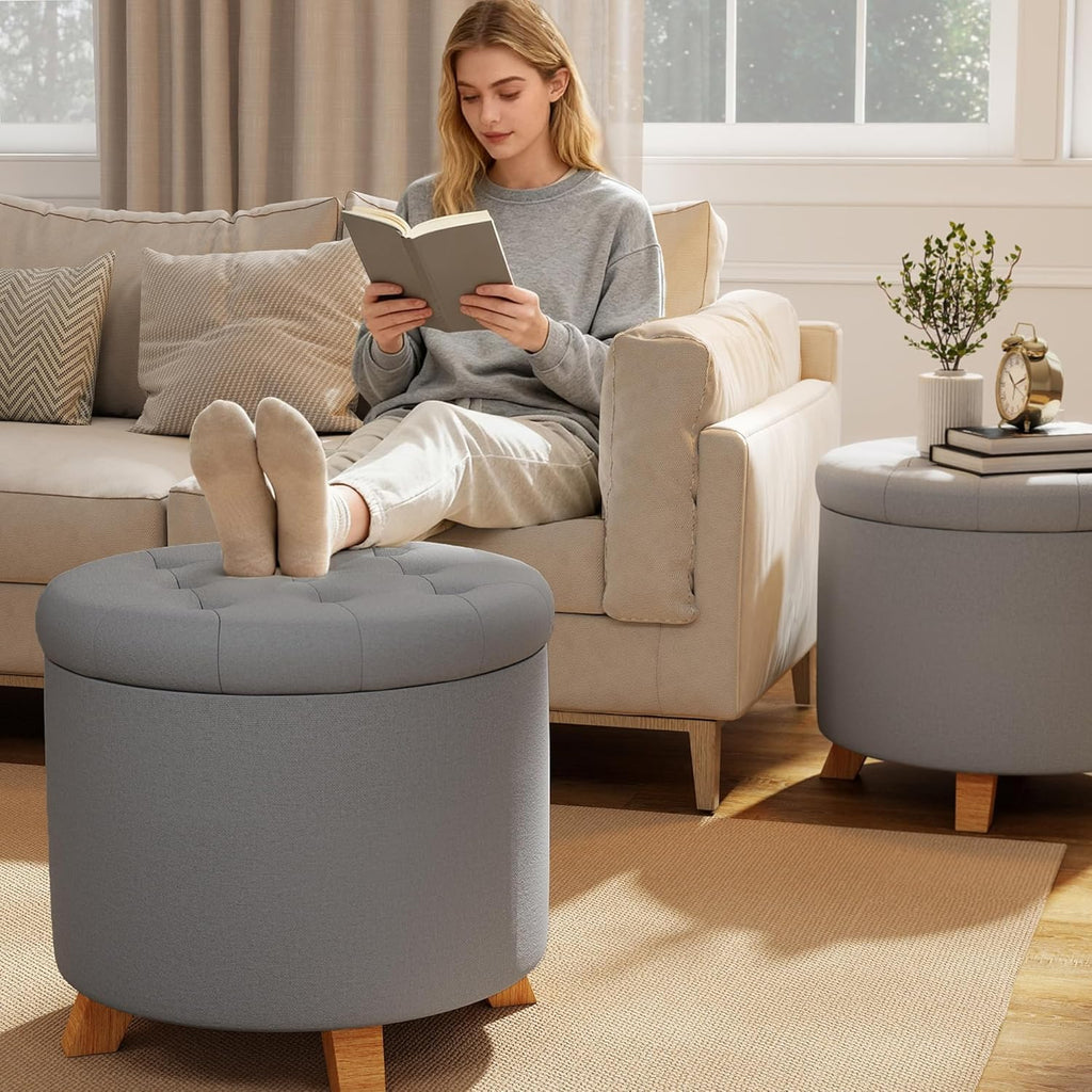 18" Round Storage Ottoman,Tufted Upholstered Foot Stool with Reversible Tray Lid for Living Room Bedroom Office, Gray
