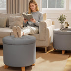 18" Round Storage Ottoman,Tufted Upholstered Foot Stool with Reversible Tray Lid for Living Room Bedroom Office, Gray