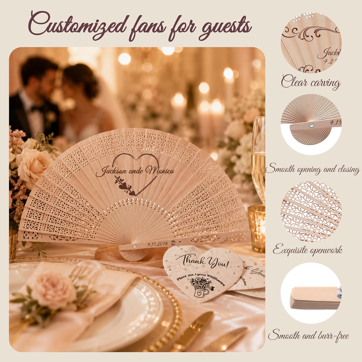 Personalized Wedding Fans for Wedding Guests Bulk, Custom Wooden Folding Handheld Fans with Tassels & Organza Bags, Wedding Favors, Party Gifts, Folding Fans, Gift for Guests (30PCS)