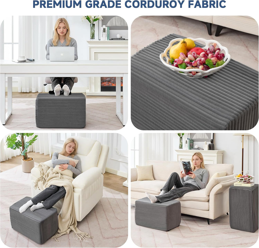 Rectangular Stuffed Pouf Ottoman Foot Rest, Corduroy Floor Pouf with Foam Chunk Filling, Multi-Functional Footstool Ottoman for Living Room, Hassocks and Ottomans for Couch, Chair, Dark Grey