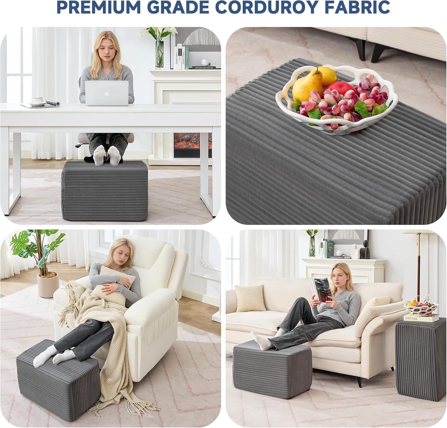 Rectangular Stuffed Pouf Ottoman Foot Rest, Corduroy Floor Pouf with Foam Chunk Filling, Multi-Functional Footstool Ottoman for Living Room, Hassocks and Ottomans for Couch, Chair, Dark Grey