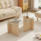 Miereirl Modern Glass Coffee Table, Rectangle Coffee Table Glass Top with Sturdy Wooden Base, Small Glass Wood Coffee Table for Living Room, Apartment, Office, Easy Assembly (Natural)