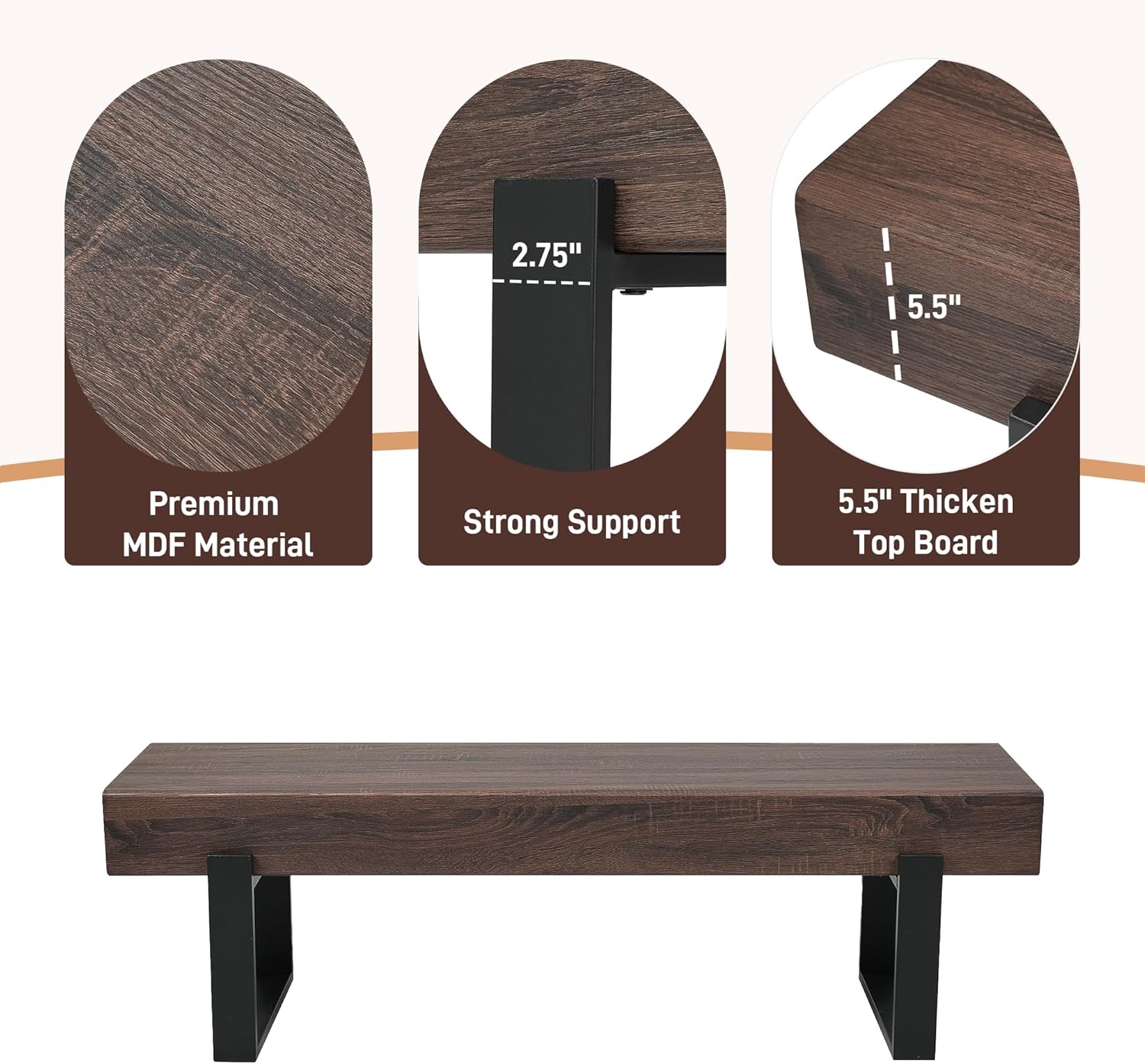59" Dining Bench, Farmhouse Indoor Kitchen Table Benches, Industrial Shoe Bench, Entryway Benches, Black + Dark Walnut