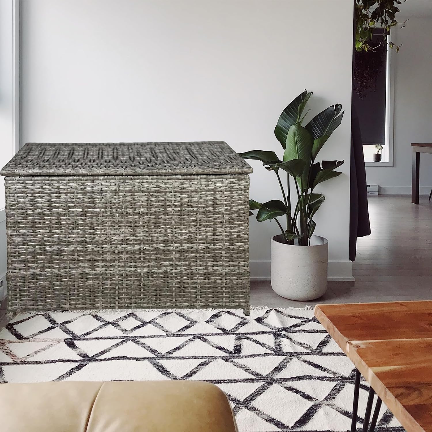 Wicker Storage Trunk, 30 x 17 x 18 inches, 160L, Handwoven Wicker Chest with Stay-Open Lid, Supports 200 lbs, Grey