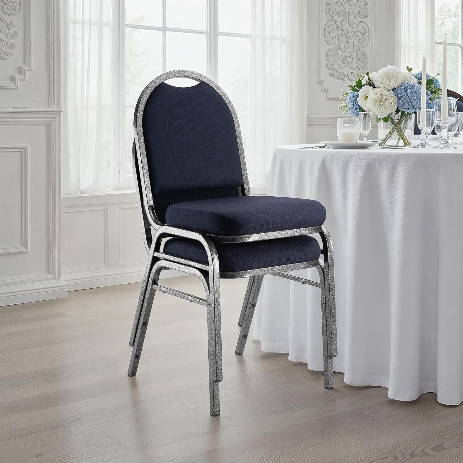 OEF Furnishings OEF9254-SV/2 Commercial-Grade Dome Back Banquet Stack Chair (Blue Fabric, Silver Powder-Coated Frame, 2-Pack)