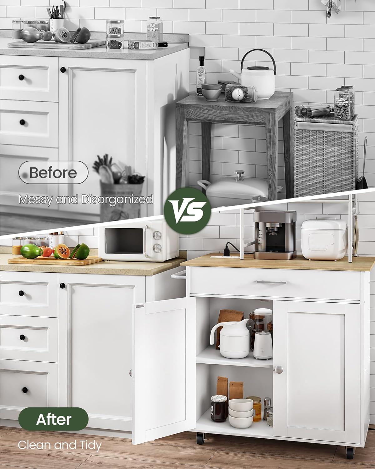 CHOEZON Kitchen Island, Kitchen Island Cart with One Double Cabinet and Drawer, Rolling Storage Cart with Power Strip, with Drop Leaf, for Kitchen, Living Room, White and Natural MZD01UWNN1