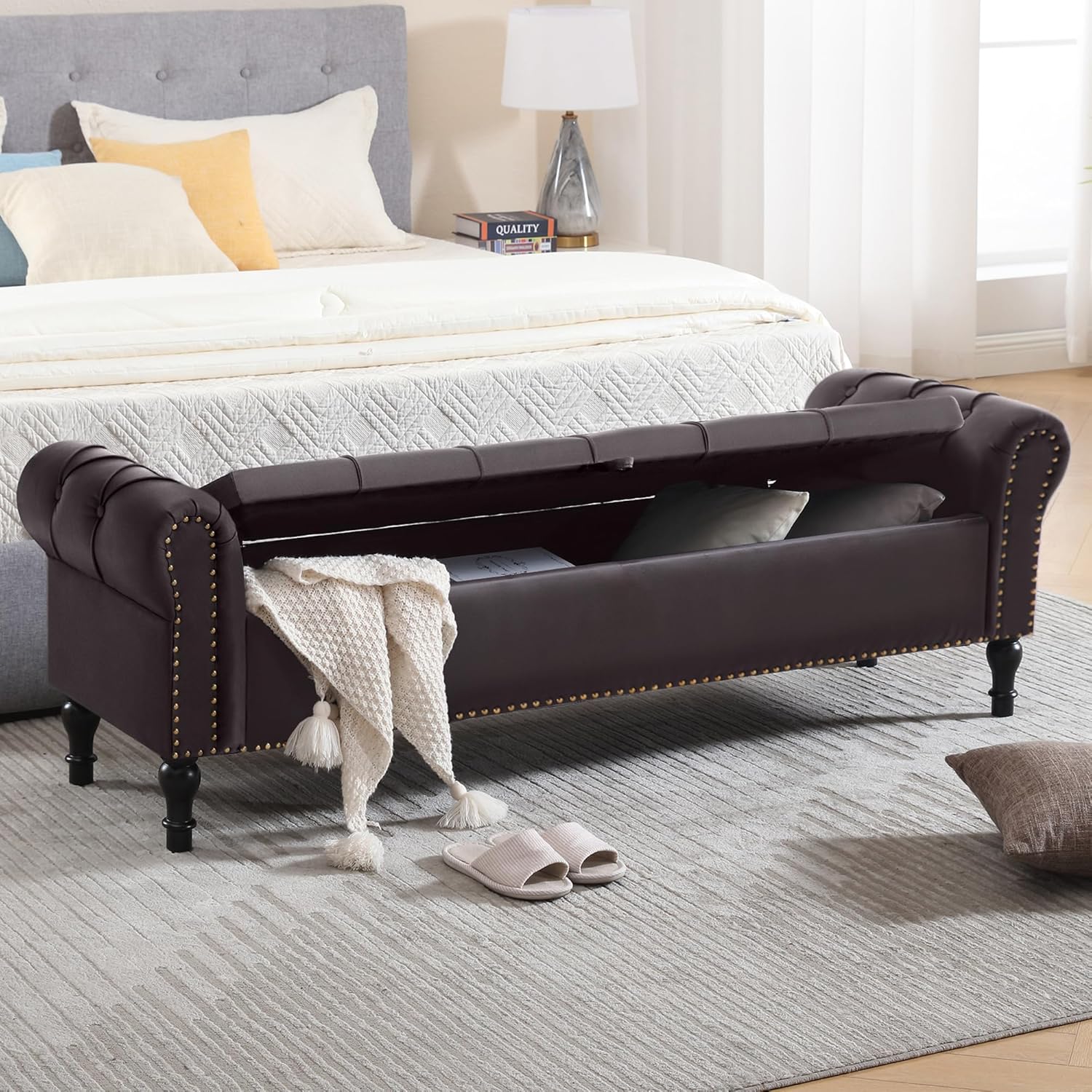 Faux Leather Storage Bench 67 Inch Upholstered Tufted Ottoman Bench with Arms Large Storage Space King Size End of Bed Bench for Bedroom Living Room Entryway Whiskey Coffee