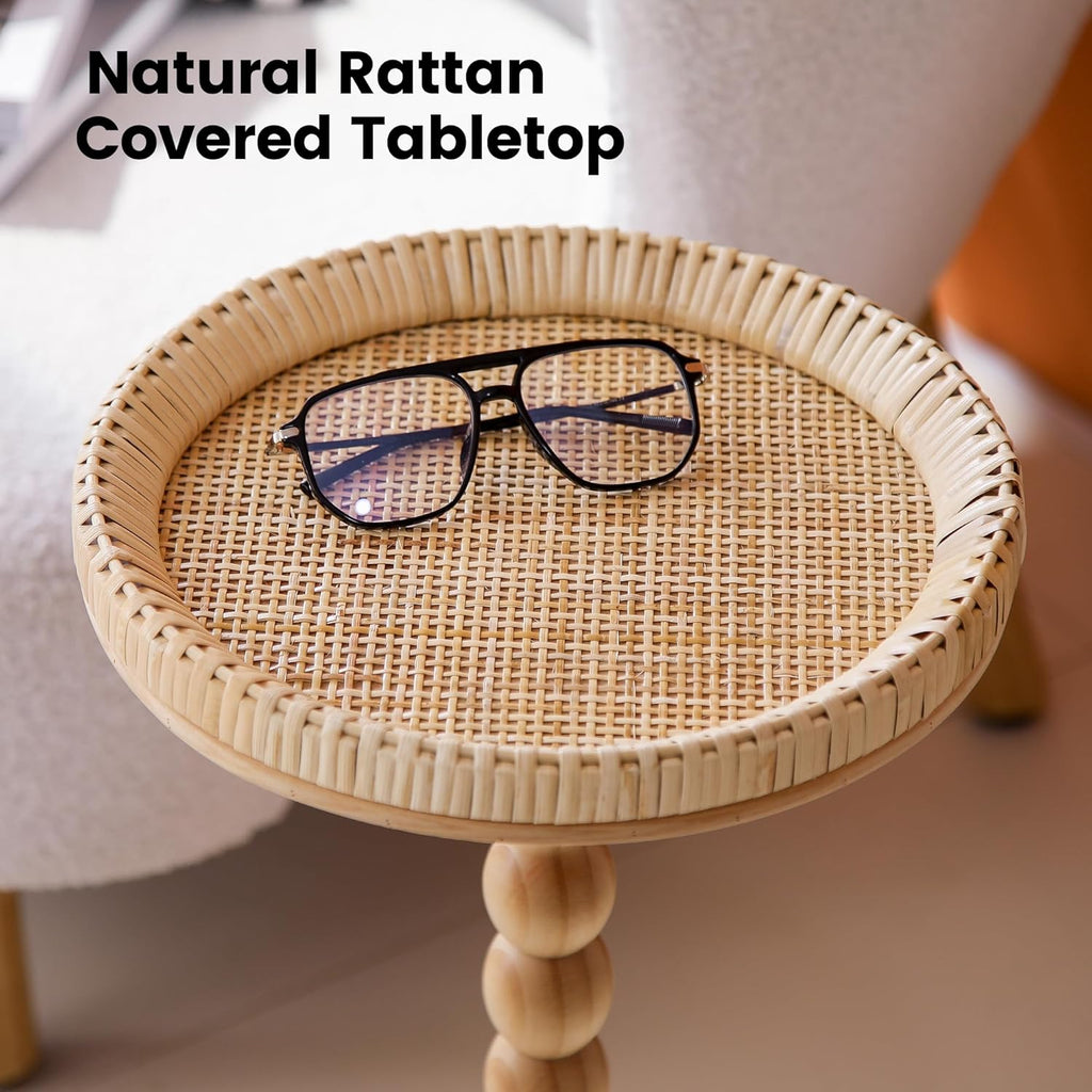 Drink Table,Solid Wood Floating Shelf, Vintage Wall Shelves Wall Mounted Storage Rack 3-Tier,Rattan Round Small Side Table for Small Spaces