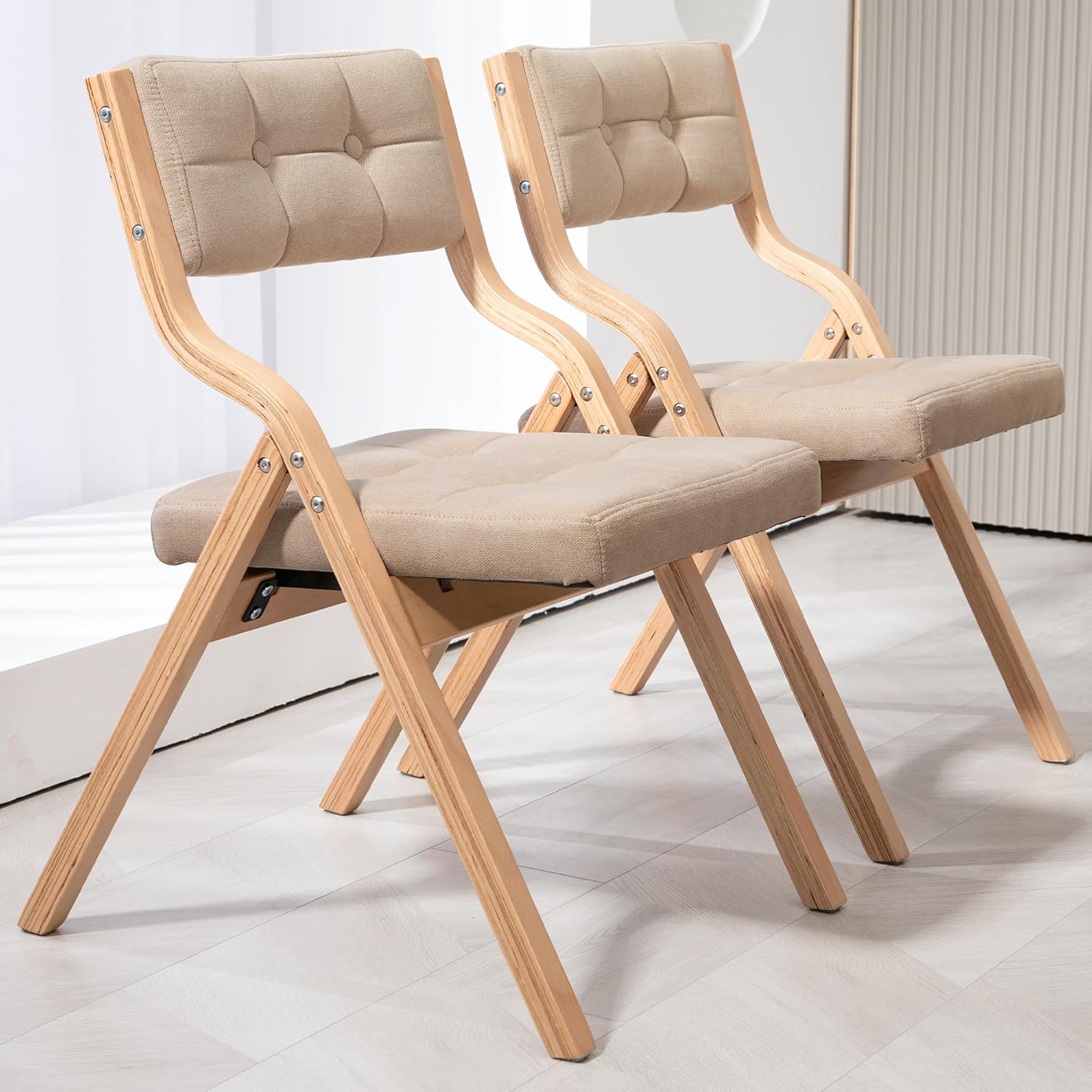 Padded Folding Chair,Folding Chair with Cushion 2 Pack,Wooden Folding Chairs and Comfortable Chairs Seat for Indoor, Kitchen, Office, Wedding Party and Dining Khaki