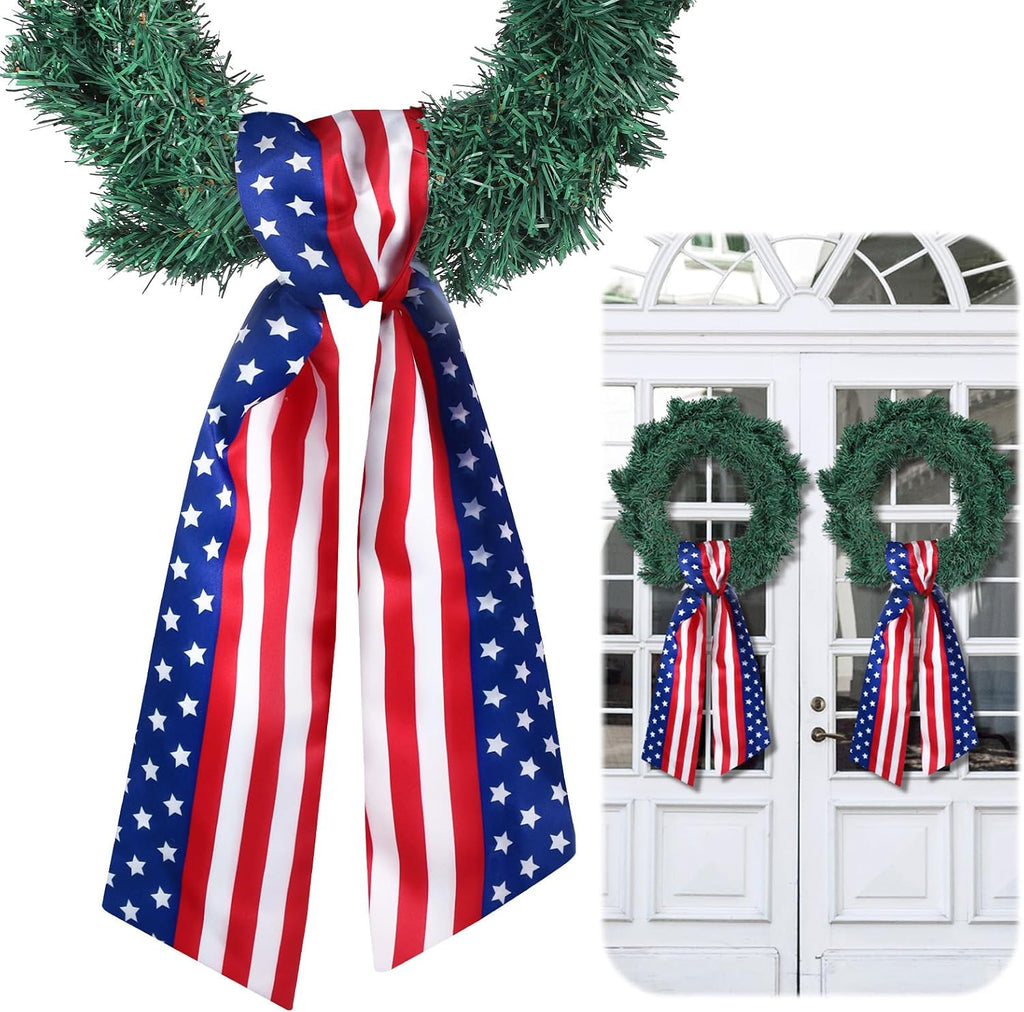 VitalCozy 2 Pcs Wreath Sash for Front Door Wreath Sash Garland Ribbon Accessories for Embroidery Monogram Outdoor Indoor Xmas Party Yard Doorway 4.5" W x 56" L(Red and Blue,Patriotic)